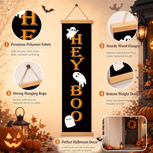 Halloween Front Door Banner - Ghost & Fall Leaves Decoration with Variation 18