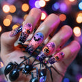 Halloween Press On Nails with Spider Web Pumpkin Bat Pattern - Medium Ballet Shaped 24Pcs