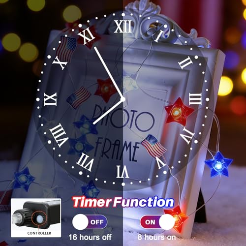 Patriotic String Lights 33FT 100 LEDs with 16 Modes & Timer - Red White Blue Star & Flag Variation of THIS listing