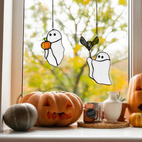 Halloween Ghost Stained Glass Window Hanging Suncatcher Gift - Spooky Decor