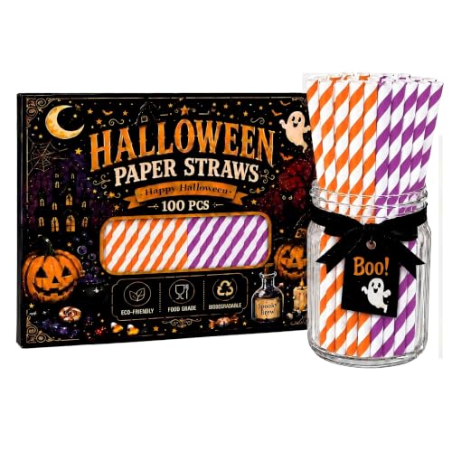 Halloween Paper Straws - Orange & Purple Stripe Party Set - 100 Pieces