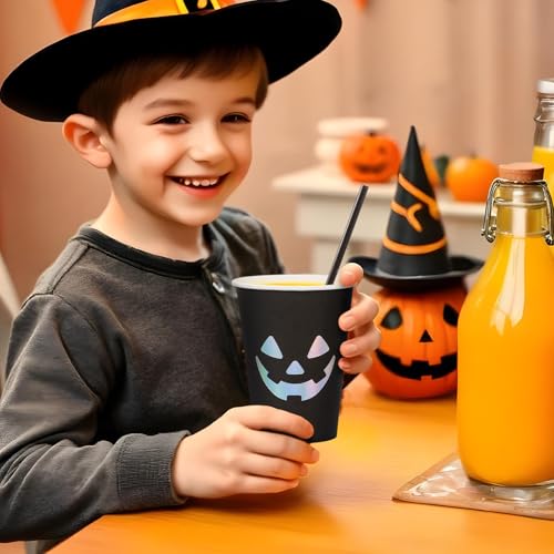 Halloween Disposable Paper Cups - Jack O' Lantern, Black & Silver, 12 oz, Bulk 50 Pack
