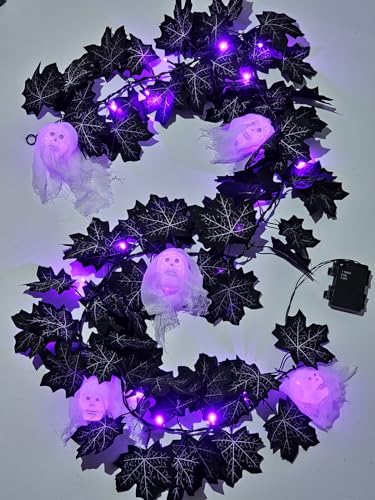 Halloween Black Maple Garland with Purple LED Lights Skeleton & Skull - Veiled Ghost Cobweb Maple