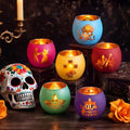 Day of the Dead Candle Holders Set - Vibrant Glass Decor for Festive Celebrations