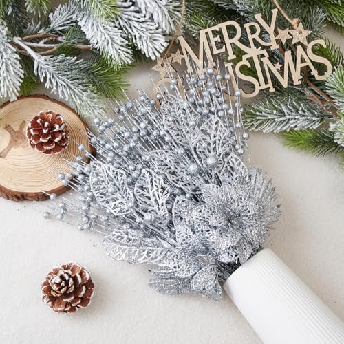 Christmas Tree Ornaments Set - Silver Artificial Flowers & Berry Stems, 24 Pack