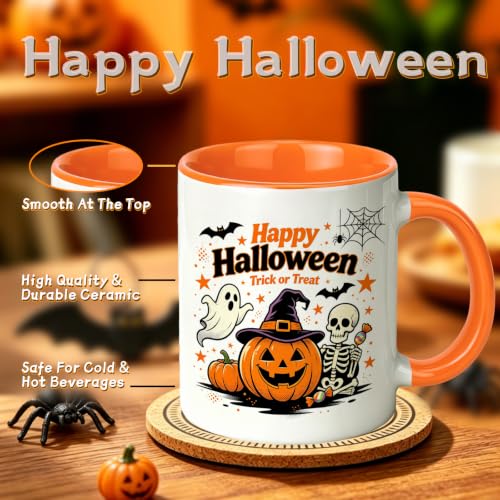 Halloween Trick or Treat Pumpkin Ghost Skull Mug - 11oz Orange Handle & Interior