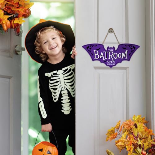 Bolisom Bat Shaped Door Sign - The Batroom Open 24 Hours, Purple Gothic Halloween