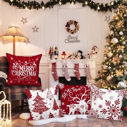 Christmas Pillow Covers Set of 4 22x22 Inches - Red & White Snowflake Decorative Cushion Covers for Sofa, Bed, Home Winter Decor Variation of Red / 22" x 22"