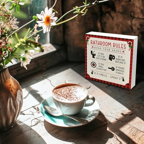 Christmas Bathroom Rules Wooden Sign - Farmhouse Holiday Decor, 5x5 Inch