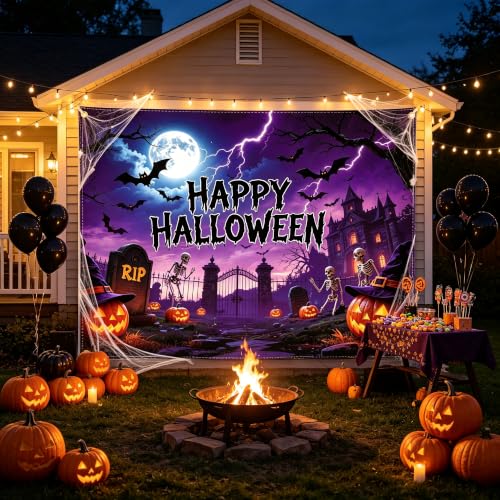 Halloween Backdrop 8x6FT with Ribbon & Spider Web Kit - Large Spooky Wall Decor