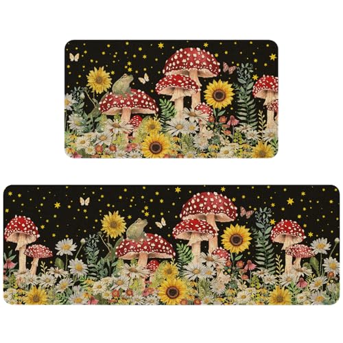 Farmhouse Mushroom Kitchen Rugs and Mats Set of 2 - Rectangular Variation 01