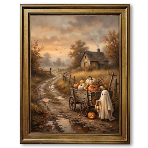 Vintage Halloween Wall Art Canvas Print with Gold Frame - Ghost Pumpkin Scene, 12x16 Inch - Style 1