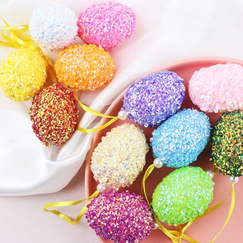 12PCS Glitter Easter Hanging Egg Ornaments for Tree & Decor