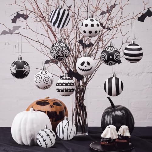 Halloween & Christmas Ball Ornaments Set - 12 Black and White Decorative 2.36 Inch
