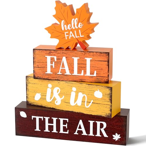 Fall Wooden Decor Set - Rustic Autumn Table Decorations for Home, Includes 'Fall is in The Air' Sign - 4 Pieces