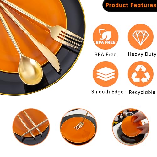 Black and Orange Disposable Plastic Plates Set - 210 Pieces, Halloween Party Dinnerware
