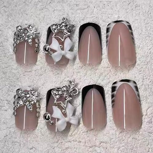 Medium Square Fake Nails with Silver Bead & 3D Star Charms - Glossy Reusable Press-On Nails for Women