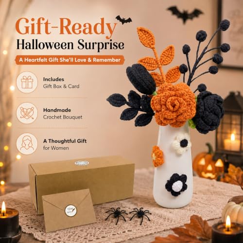 Halloween Crochet Flowers Bouquet with Vase - Black & Orange Handmade Fall Decor