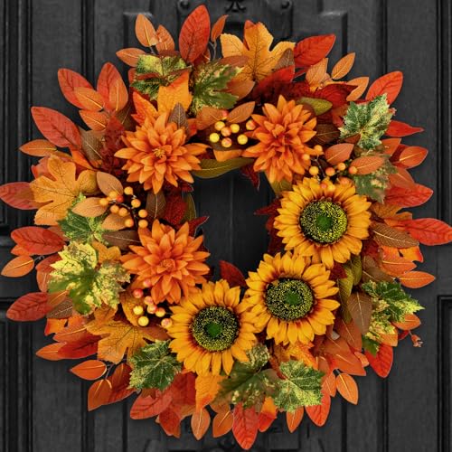Autumn Sunflower Wreath 22 Inch Fall Door Decor - Orange