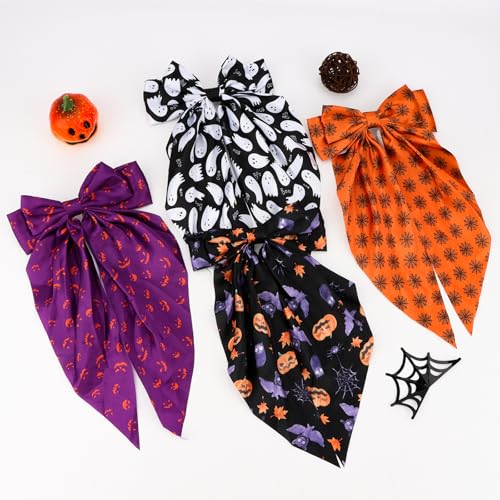 Halloween Satin Hair Bows Set - Ghost, Smile, Cobweb, Pumpkin Designs for Women & Girls