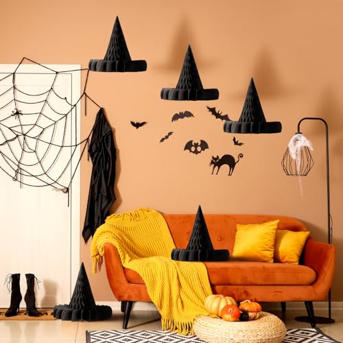 Halloween Honeycomb Decorations Set - 12 Witch Hat Paper Lanterns, Ghosts & Bats
