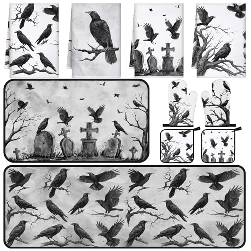 Halloween Crows Kitchen Towels Oven Mitts Pot Holders Set - Black Gray White