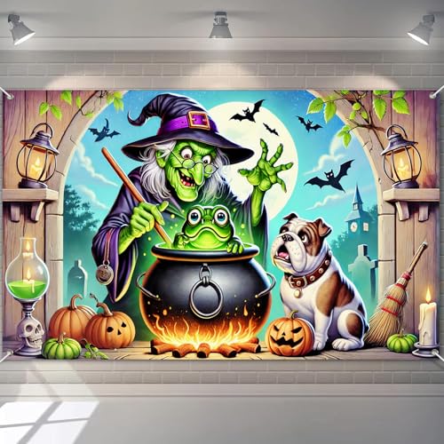 Halloween Haunted House Banner - Dog & Frog Scene, 71x43 in - Halloween Decor with Variation Halloween Decor#004