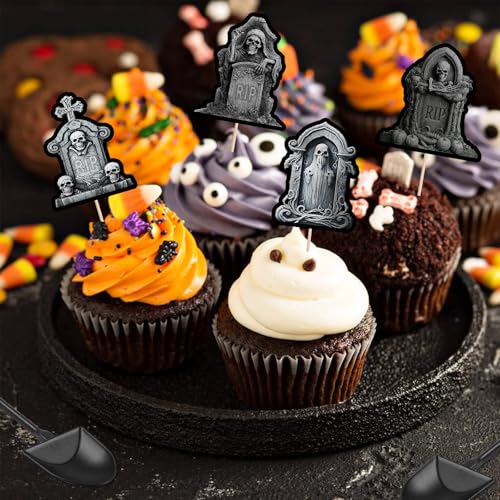 Halloween Cupcake Toppers with Tombstone & Shovel Spoons - Graveyard Cake Decorations, 48 Pieces