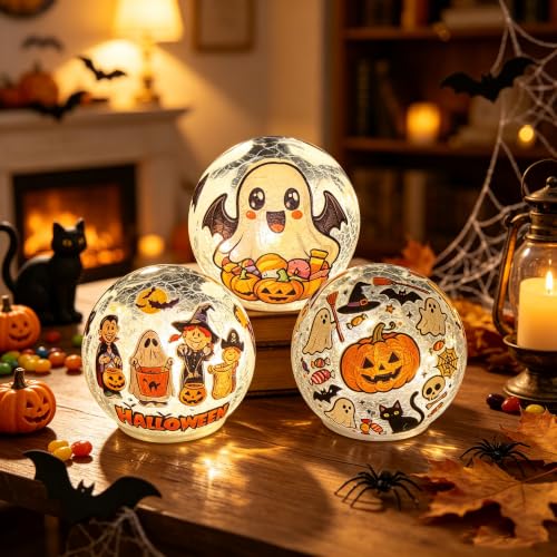 White Elf Halloween Crackle Glass Ball Lights - 3 PCS LED Table Lamps with Timer