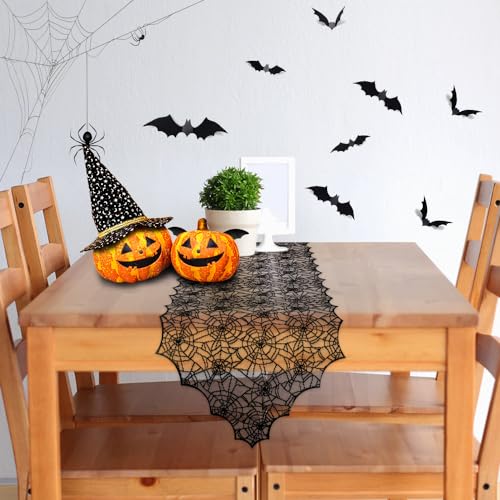 Halloween Table Runner with 12 3D Bats and Spider Web Lace - Large Variation of Spider Web Black