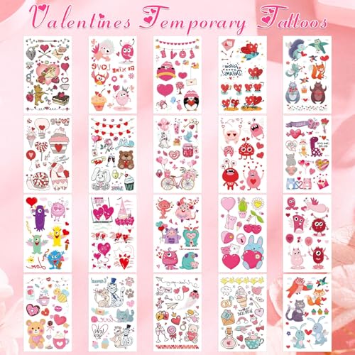Valentine's Day Temporary Tattoos Set - Holiday Style, 20 Sheets Kids & Adults