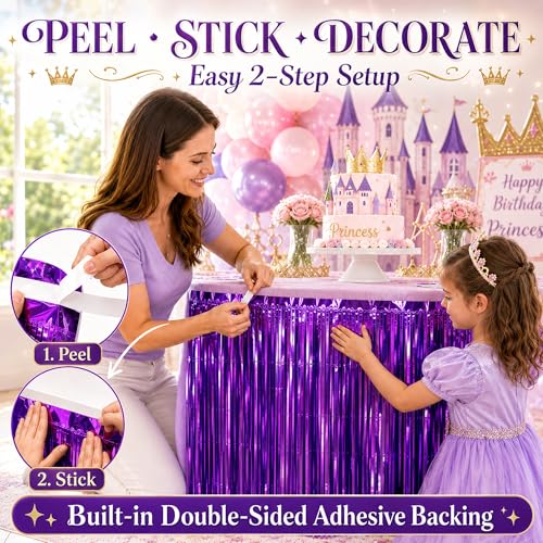 4 Pack Purple Foil Fringe Table Skirt - 29x108 Inch Metallic Tinsel Streamers