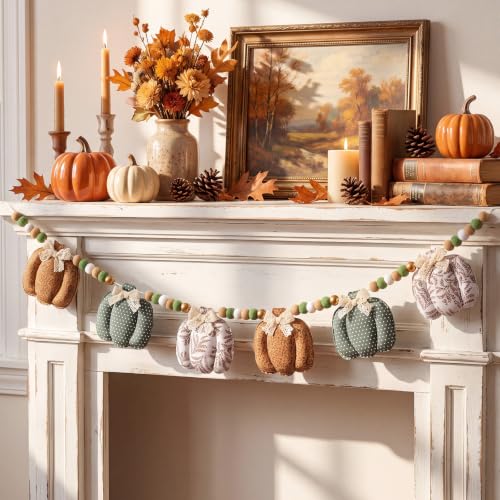 Fall Fabric Pumpkin Garland 8.2 ft - Orange, Green & Beige with Lace Bows