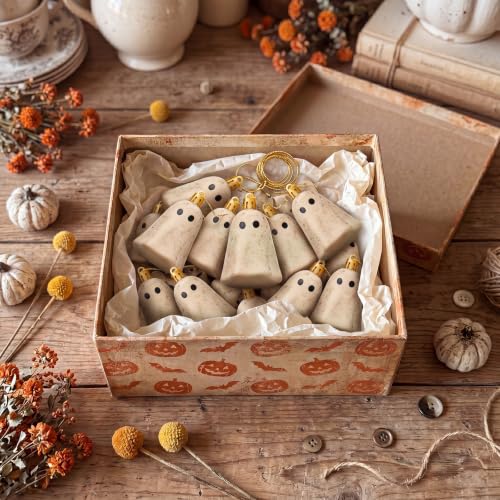 Farmhouse Halloween Ghost Ornaments - Beige, 12 Pack, Plastic Mini Decorations