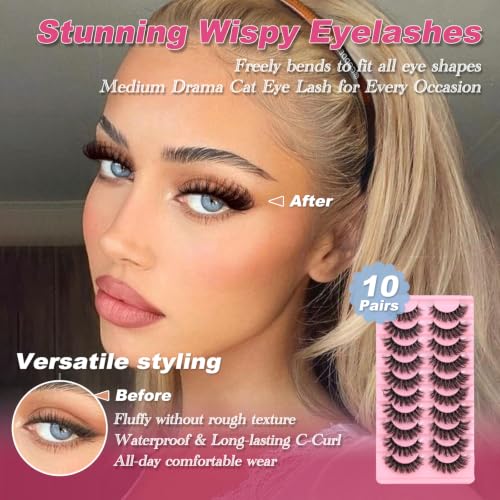 Wispy Mink Lashes Fluffy Cat Eye Fake Strips - 18mm Dramatic 3D Faux Mink