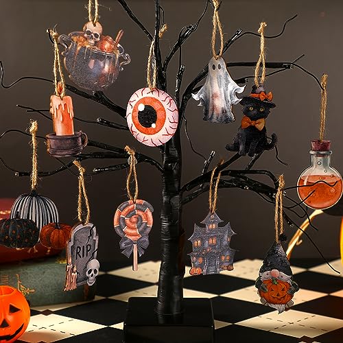 Wood Halloween Tree Ornaments Set - 36 Spooky Holiday Hanging Decorations