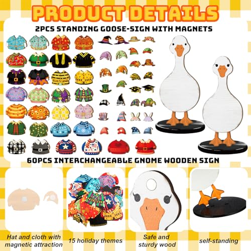 Wooden Goose Figurine Set with 60 Interchangeable Outfits - Festive Desktop Decor