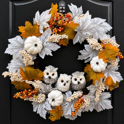 21-Inch Fall Owl Wreath with Pumpkins & Maple Leaves for Front Door Halloween Thanksgiving