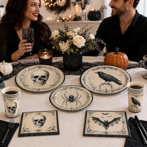 Halloween Party Supplies Set with Gothic Skull Raven Bats & Spiders for 24 Guests