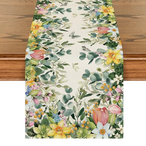 Spring Eucalyptus Table Runner 13x48 Inch - Green and Yellow Seasonal Decor