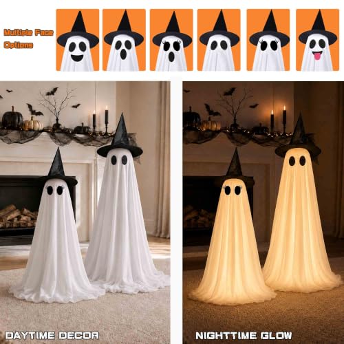63 Inch Ghost Halloween Decoration Kit with Light-Up Witches Hat & Remote Control Lights - Spooky Outdoor Yard Porch Decor - 2 Pack