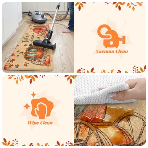 Pumpkin Carriage Fall Kitchen Mat - Cushioned Anti-Fatigue Sink Rug, 17.3x47 + 17.3x29 Inches - Orange