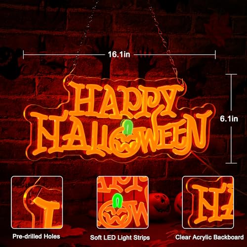 Halloween Neon Light Sign - Orange Pumpkin & Happy Halloween Wall Decor - USB Powered - Variation: Orange Halloween