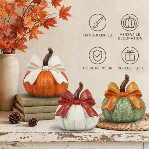 Fall Pumpkin Decor Set of 3 with Bows - Artificial Resin Rustic Autumn Decorations - White, Orange, Green