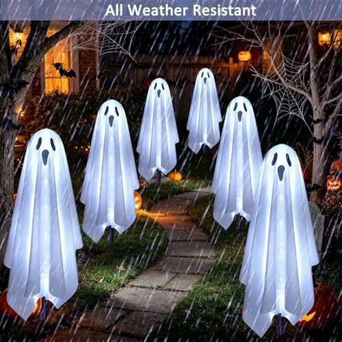 Solar Ghost Lights Outdoor Halloween Decoration Set of 6 Spooky Pathway Stake Lights