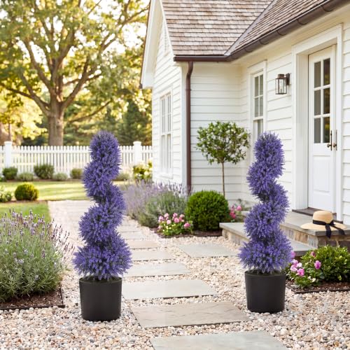 3ft Artificial Topiary Spiral Tree with Lavender Set of 2 - Outdoor Faux Bushes