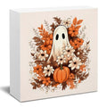 Fall Wooden Sign Decor - 5x5 Inch Halloween Pumpkin & Ghost Wall Art