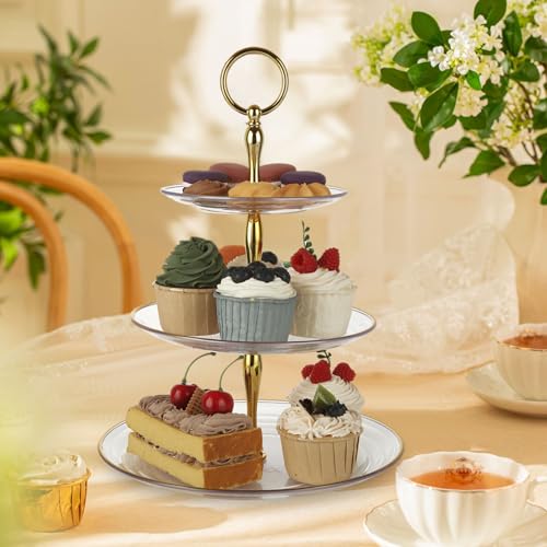 4 Pack 3-Tier Plastic Cupcake Stand Set with Gold Rim for Weddings & Parties