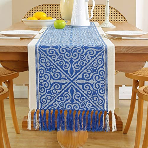 Royal Blue Floral Boho Table Runner 13 x 48 Inches - Handmade Rustic Decor