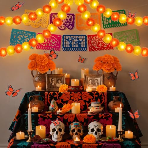 Day of the Dead Decorations Set with Marigold Garlands & Lights - 85 Pcs